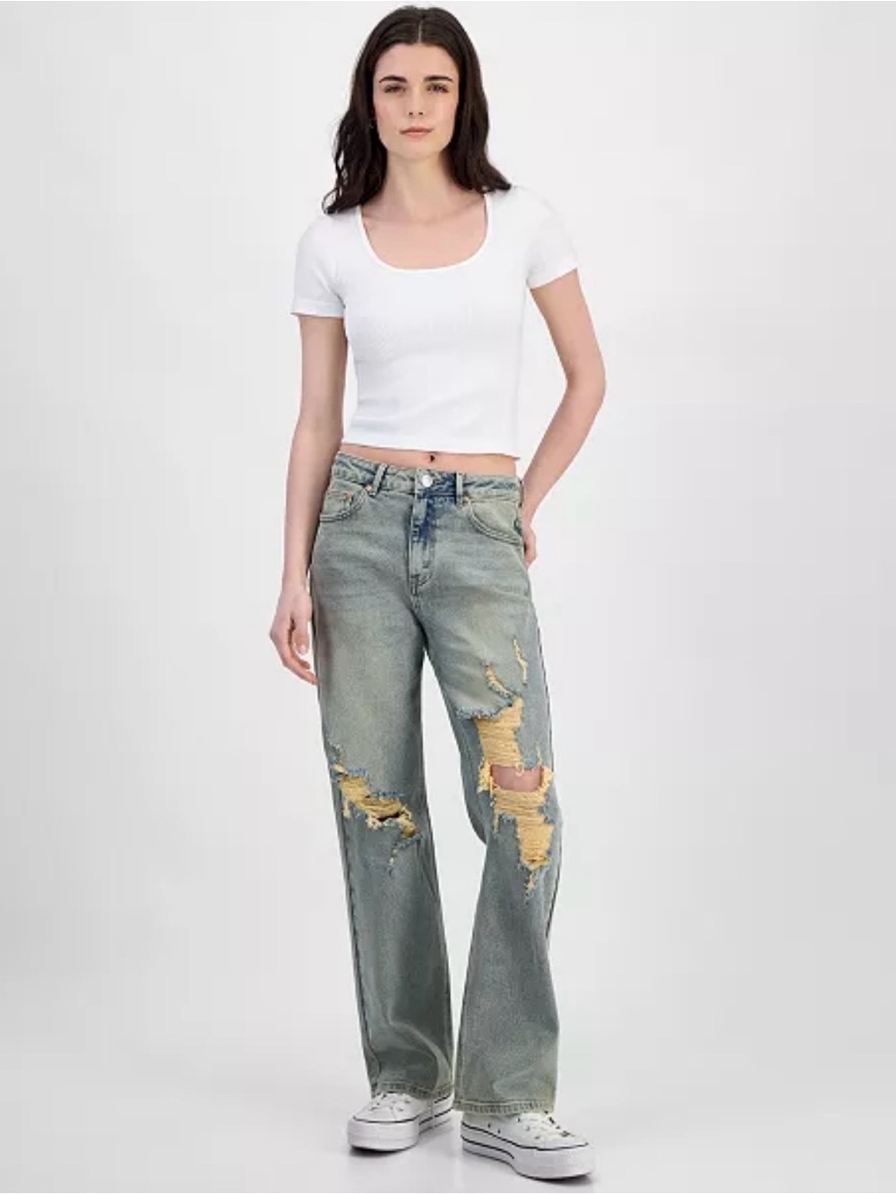 Madden Girl Light Blue Distressed Wide-Leg Jeans with Yellow Patch Details